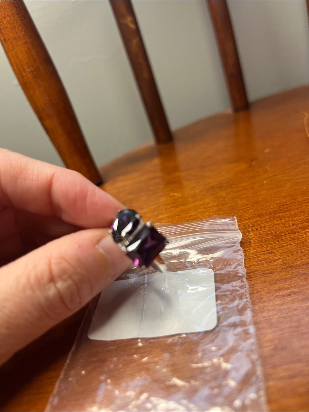 NWT BaubleBar Amethyst Two Stone Cocktail Ring Size 6 White Gold Tone - Picture 4 of 8
